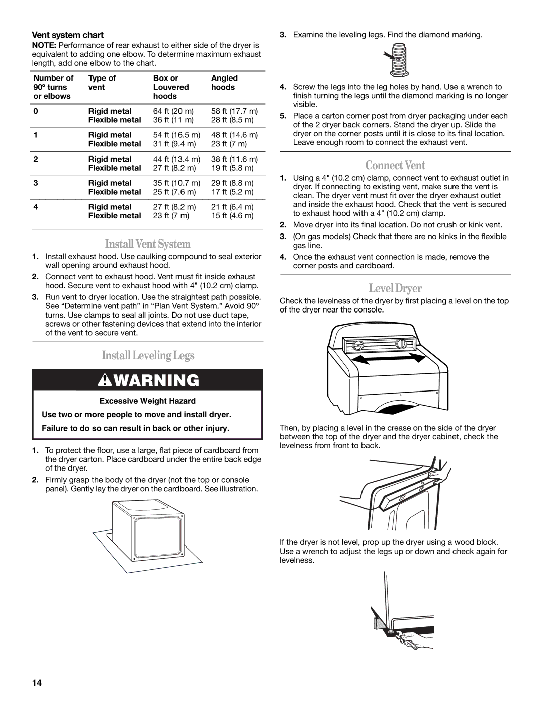 Whirlpool W10054070A manual Install VentSystem, Install LevelingLegs, ConnectVent, LevelDryer, Vent system chart 