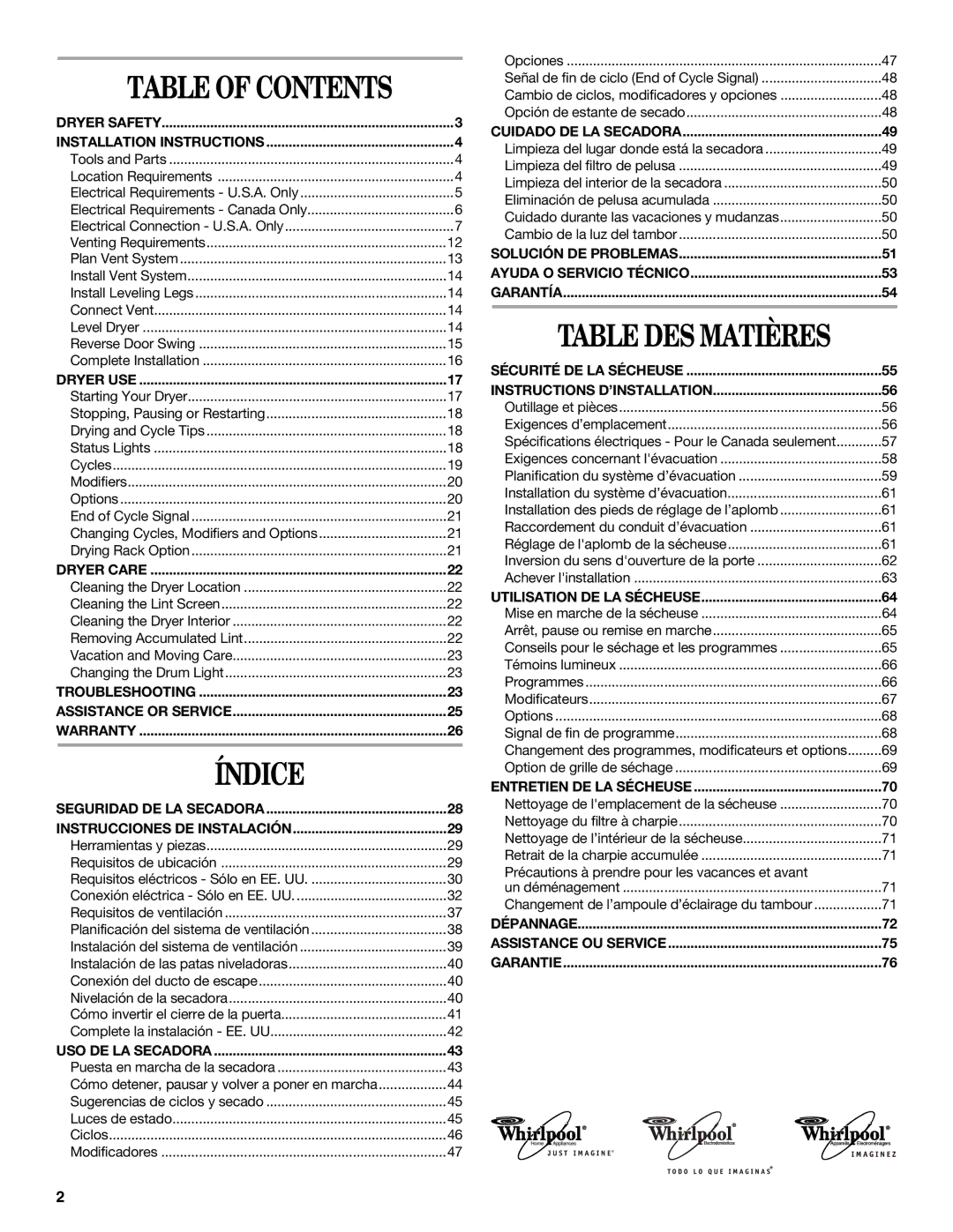 Whirlpool W10054070A manual Índice, Table of Contents 