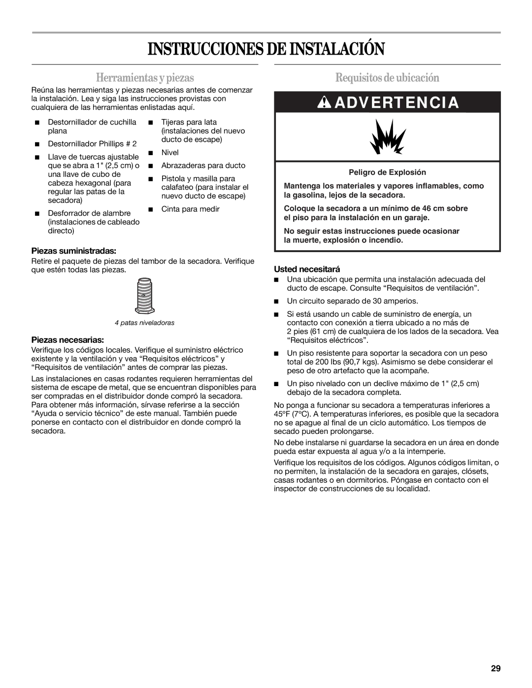 Whirlpool W10054070A manual Instrucciones DE Instalación, Herramientasypiezas, Requisitos deubicación 