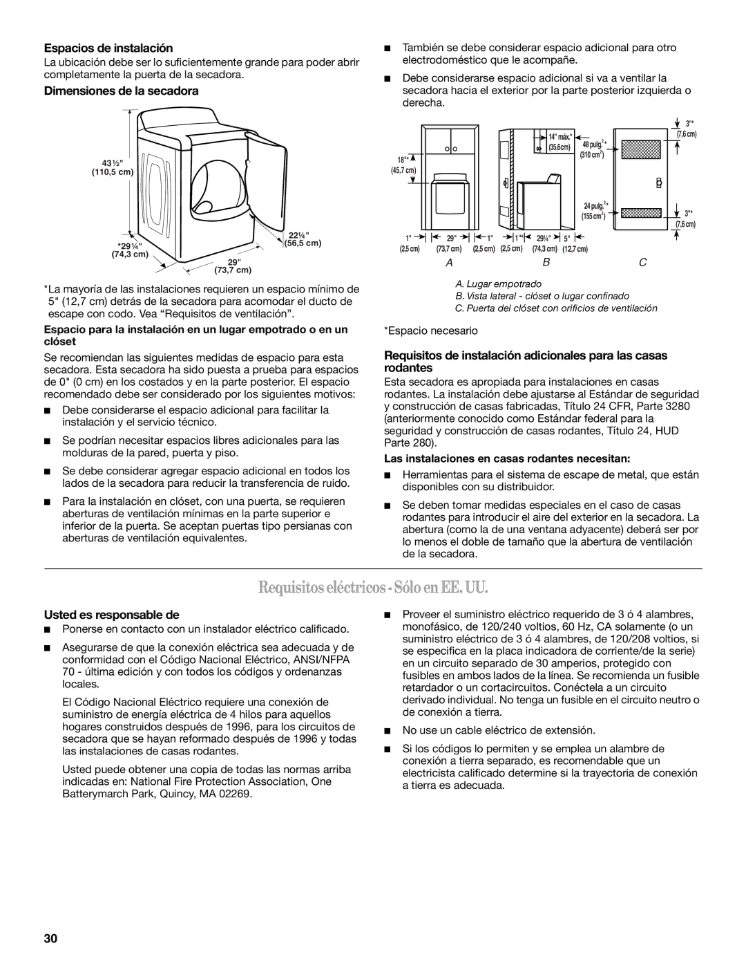 Whirlpool W10054070A manual Requisitos eléctricos -Sóloen EE.UU, Espacios de instalación, Dimensiones de la secadora 