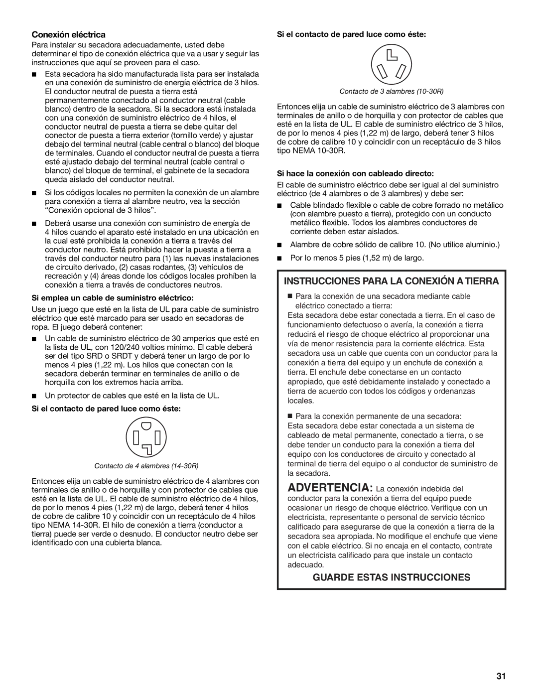 Whirlpool W10054070A manual Conexión eléctrica, Si emplea un cable de suministro eléctrico 