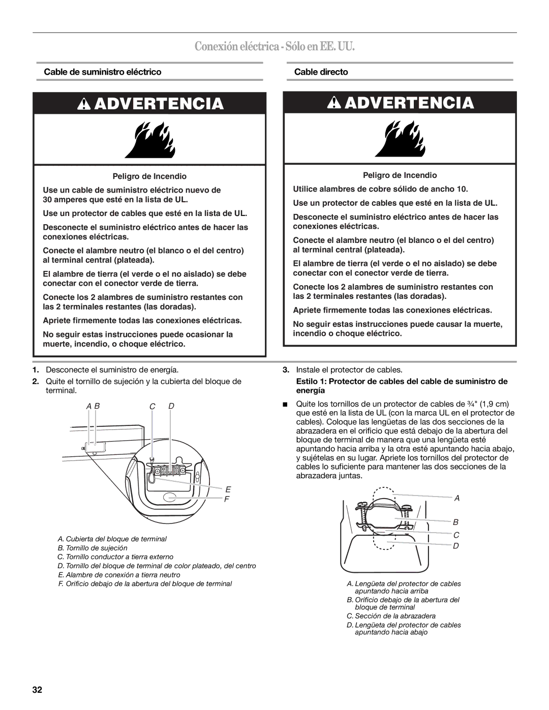 Whirlpool W10054070A manual Conexión eléctrica-SóloenEE.UU, Cable de suministro eléctrico Cable directo 