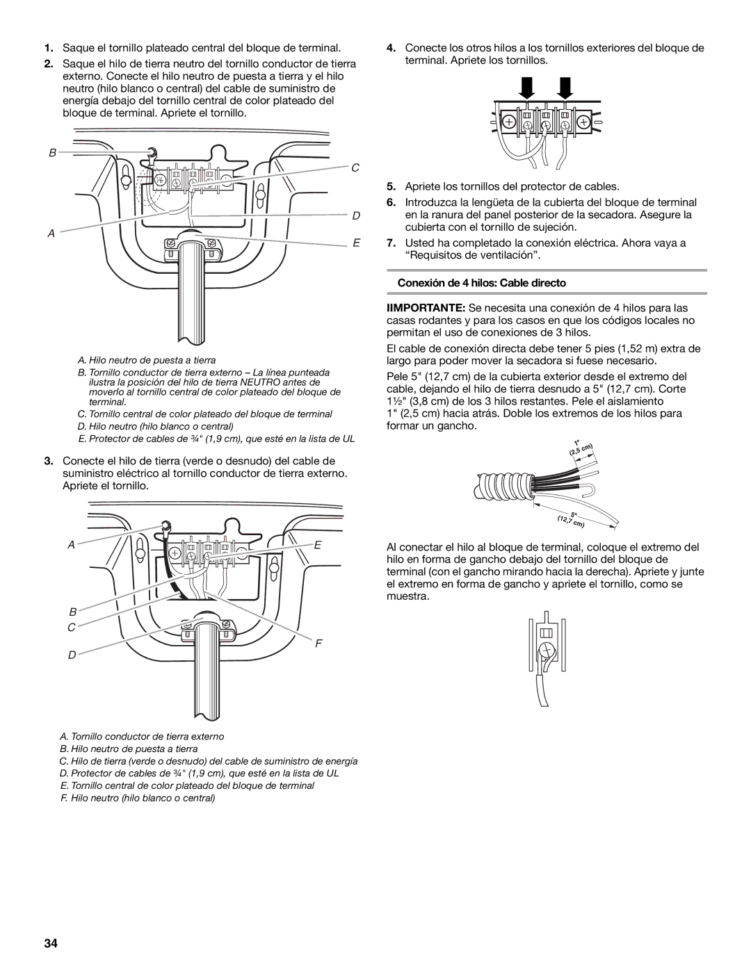 Whirlpool W10054070A manual Conexión de 4 hilos Cable directo 