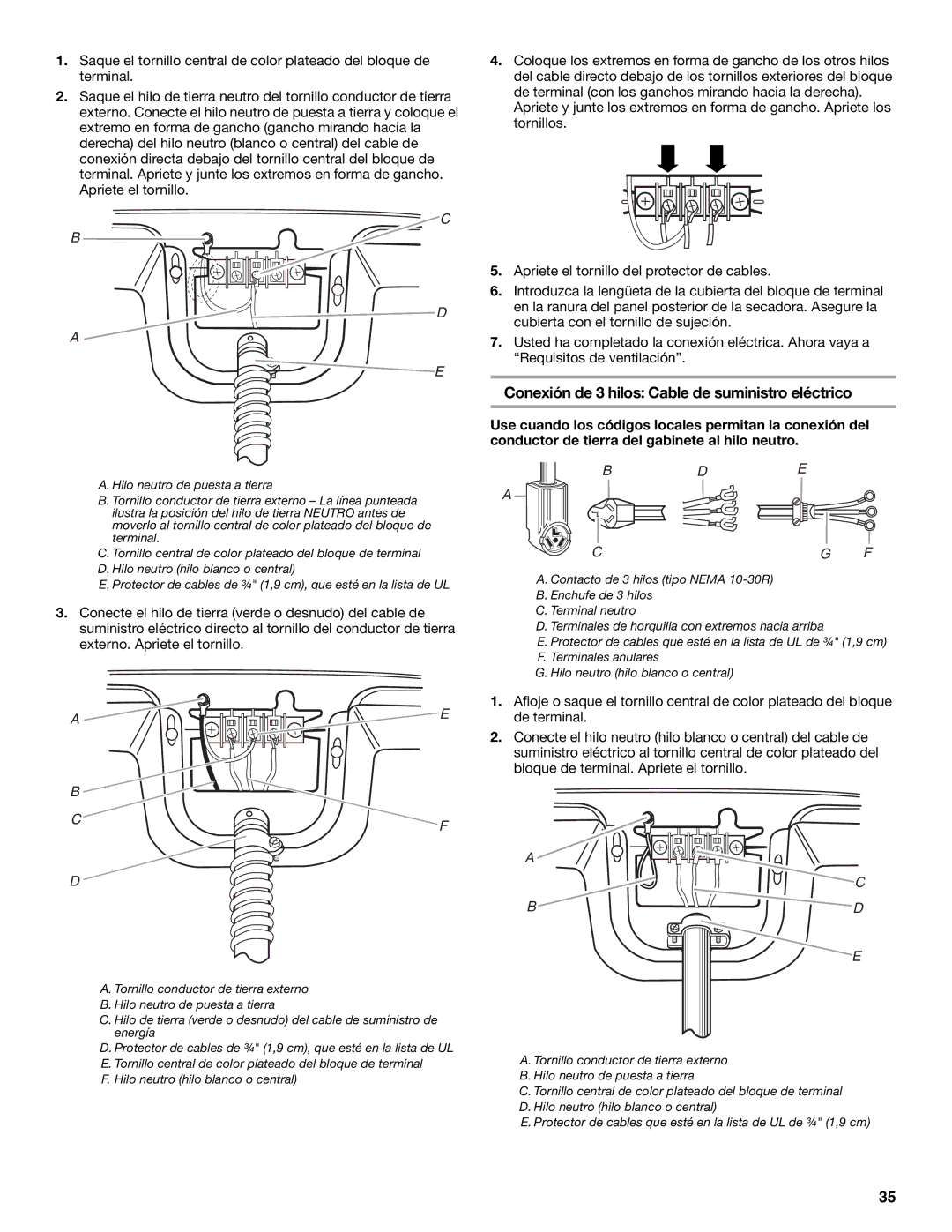 Whirlpool W10054070A manual Conexión de 3 hilos Cable de suministro eléctrico 