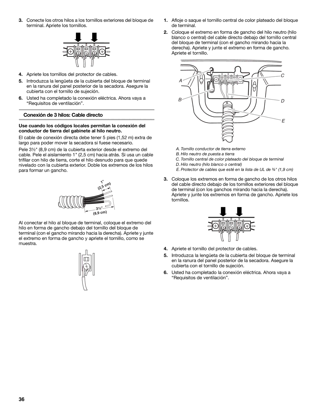 Whirlpool W10054070A manual Conexión de 3 hilos Cable directo 