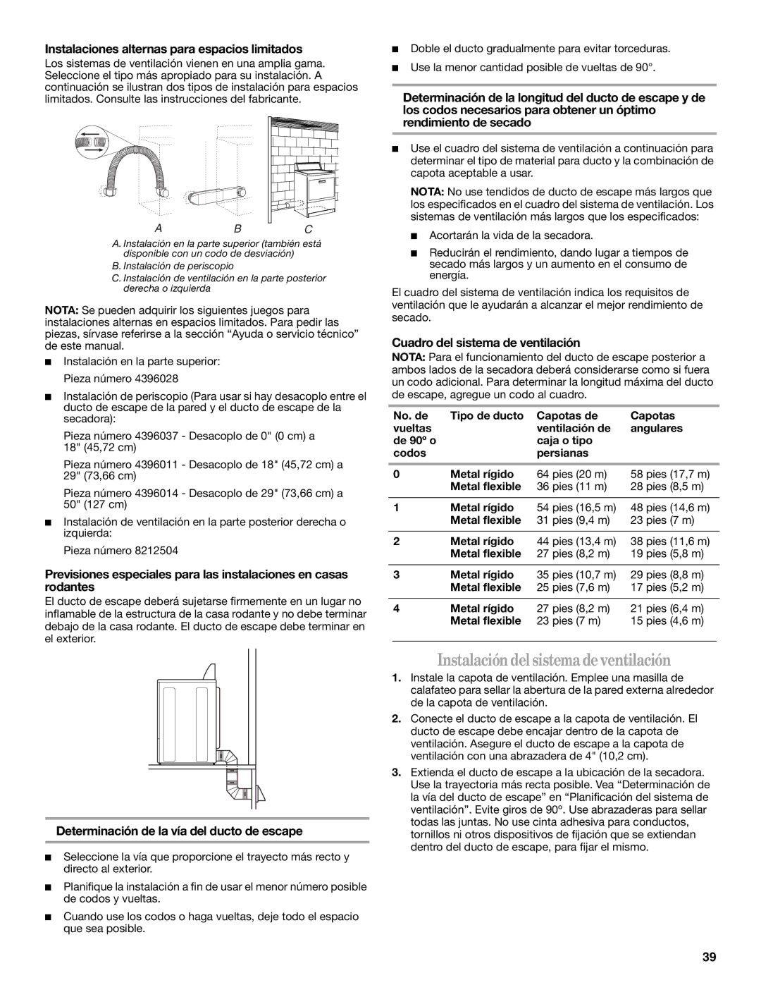 Whirlpool W10054070A manual Instalación del sistemadeventilación, Instalaciones alternas para espacios limitados 