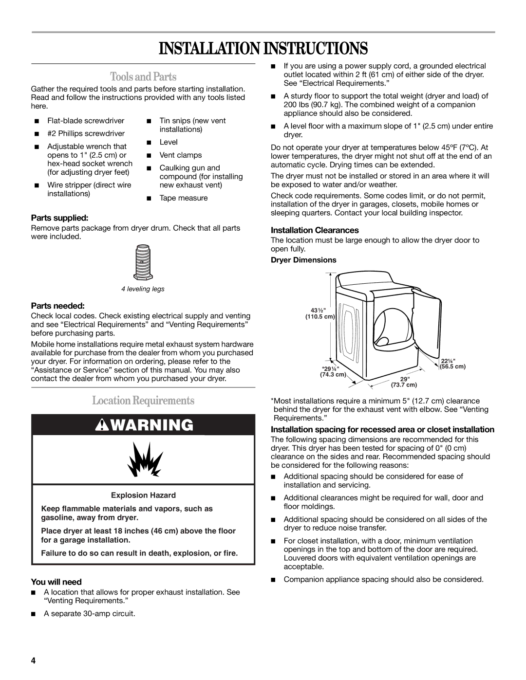 Whirlpool W10054070A manual Installation Instructions, ToolsandParts, LocationRequirements 