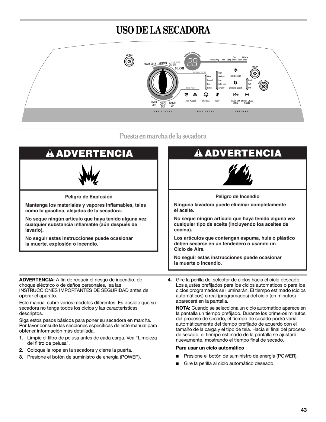 Whirlpool W10054070A manual USO DE LA Secadora, Puestaenmarchadelasecadora, Para usar un ciclo automático 