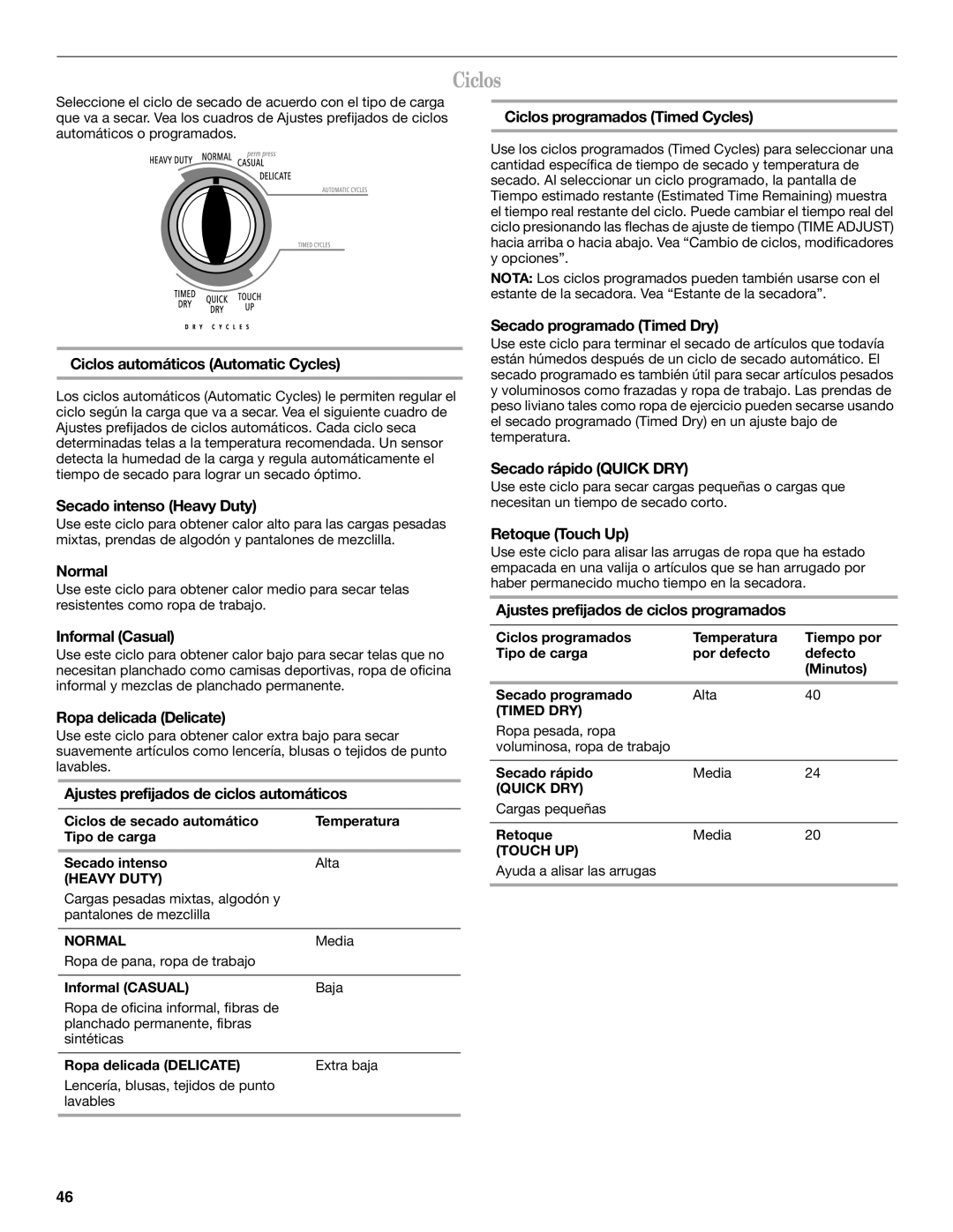 Whirlpool W10054070A manual Ciclos 