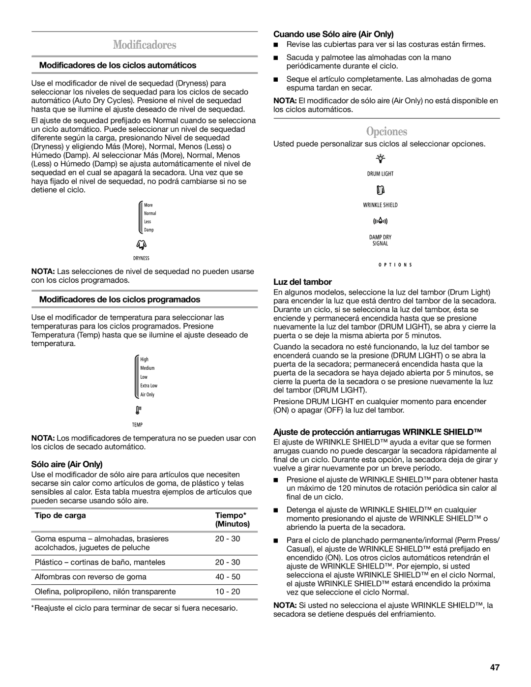 Whirlpool W10054070A manual Modificadores, Opciones 