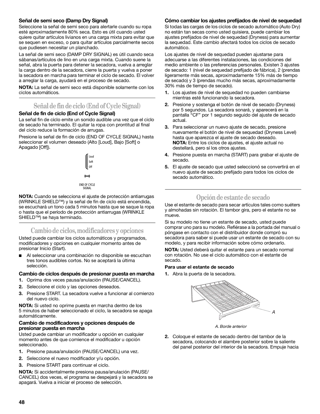 Whirlpool W10054070A manual Señal defin deciclo EndofCycleSignal, Cambiodeciclos,modificadores yopciones 