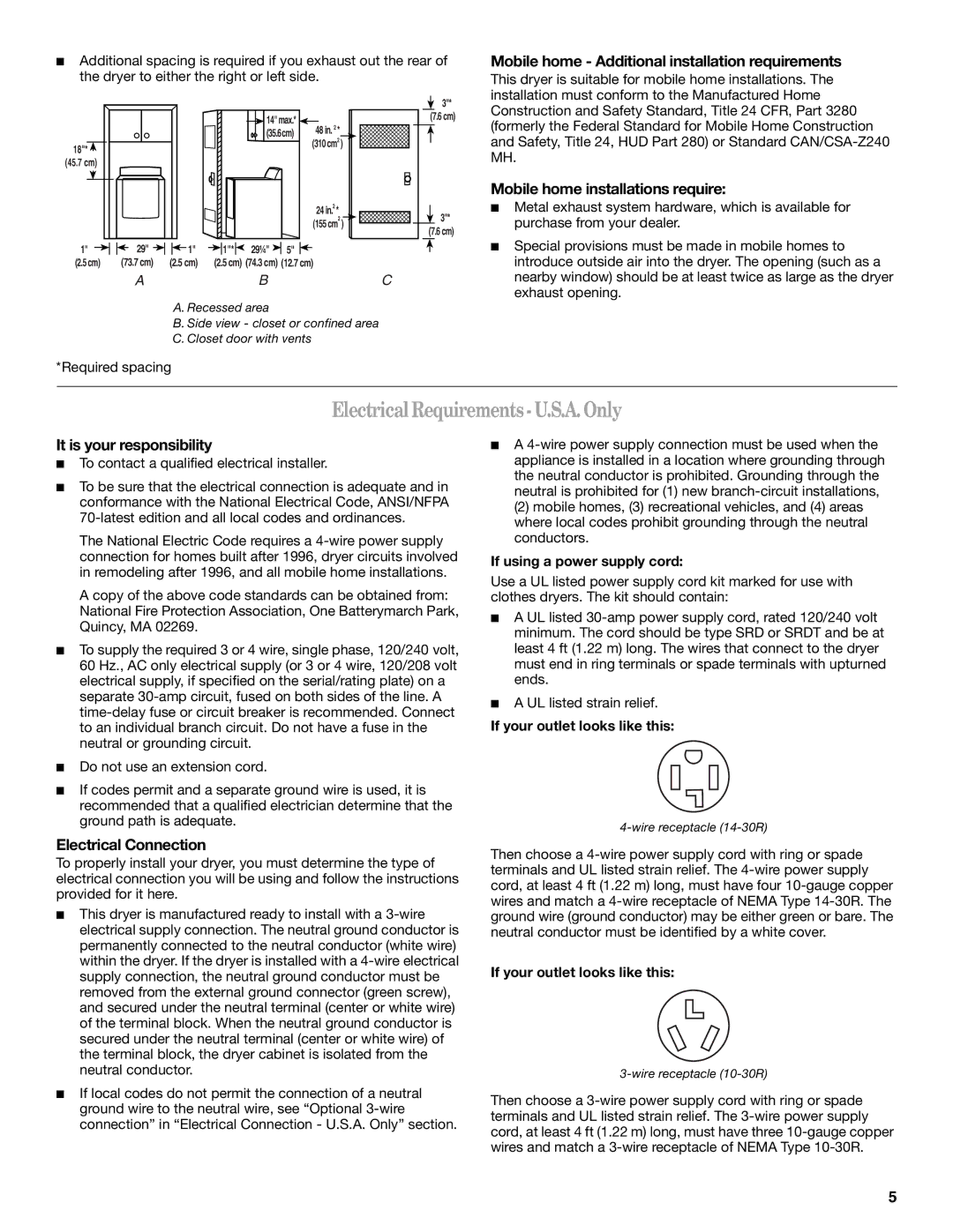 Whirlpool W10054070A manual Electrical Requirements-U.S.A.Only, Mobile home Additional installation requirements 