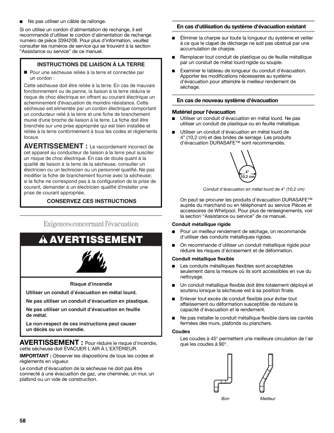 Whirlpool W10054070A manual Exigencesconcernantlévacuation, En cas dutilisation du système dévacuation existant, Coudes 