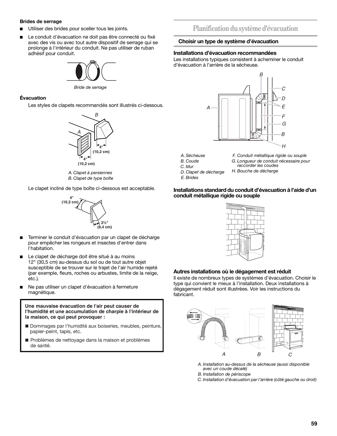 Whirlpool W10054070A manual Planification dusystèmed’évacuation, Brides de serrage, Évacuation 