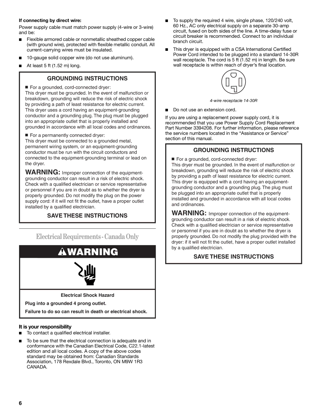 Whirlpool W10054070A manual ElectricalRequirements-CanadaOnly, If connecting by direct wire 