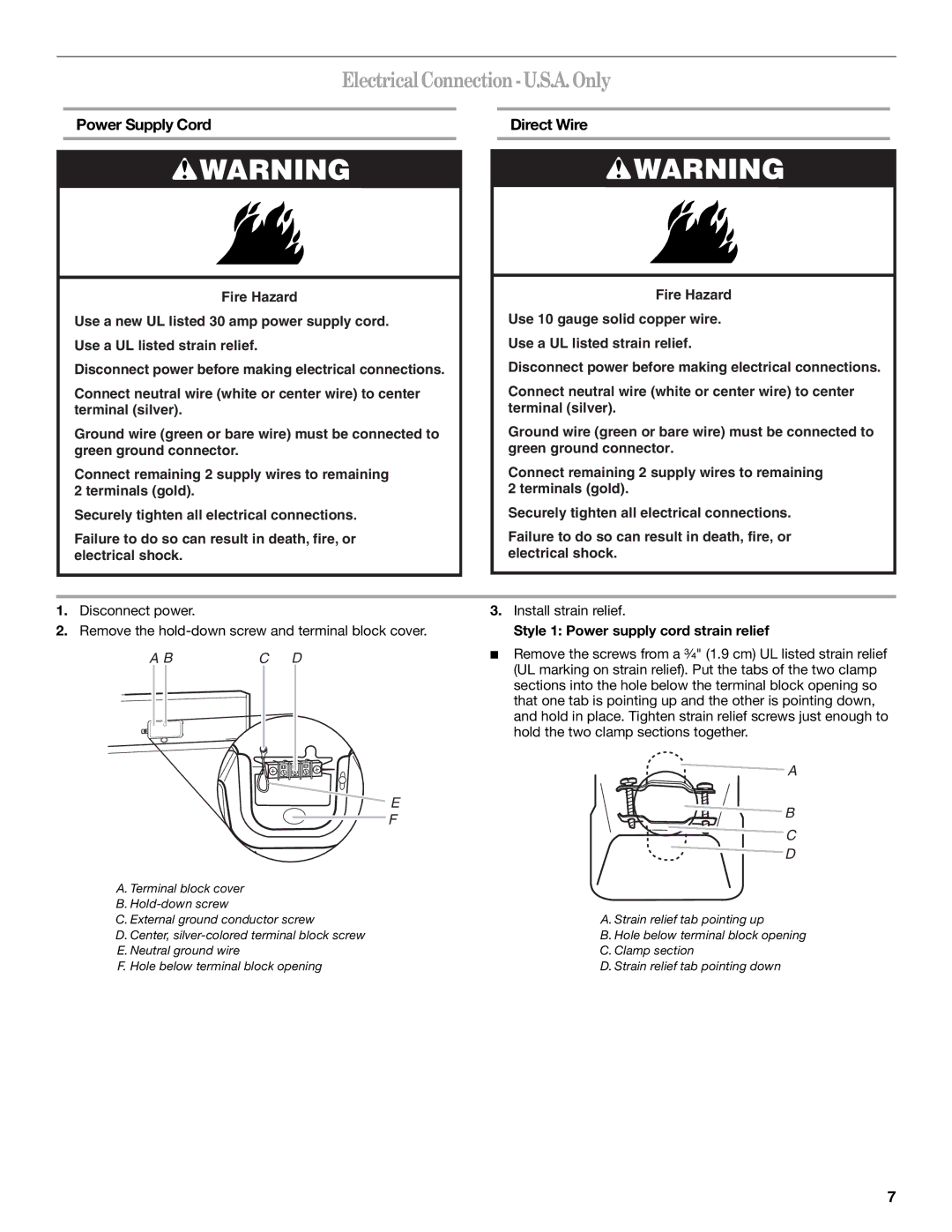 Whirlpool W10054070A manual ElectricalConnection-U.S.A.Only, Power Supply Cord Direct Wire, Install strain relief 