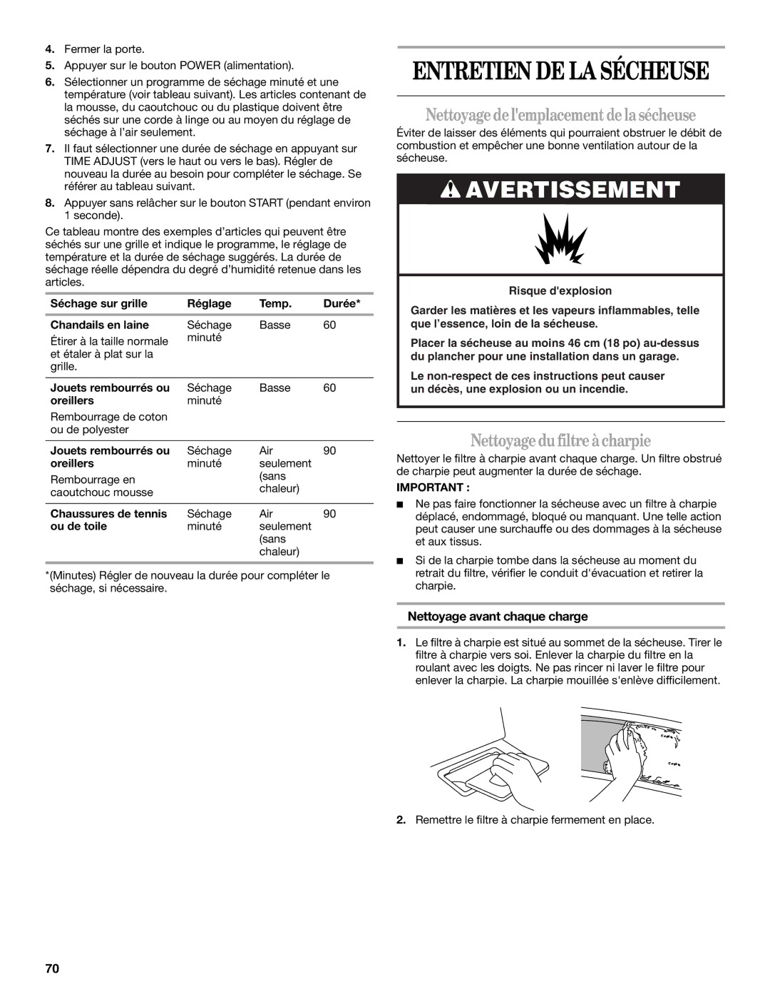 Whirlpool W10054070A manual Nettoyagedelemplacementdelasécheuse, Nettoyagedufiltreàcharpie, Nettoyage avant chaque charge 