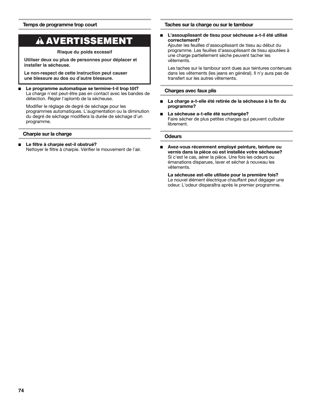 Whirlpool W10054070A Temps de programme trop court, Charpie sur la charge, Taches sur la charge ou sur le tambour, Odeurs 