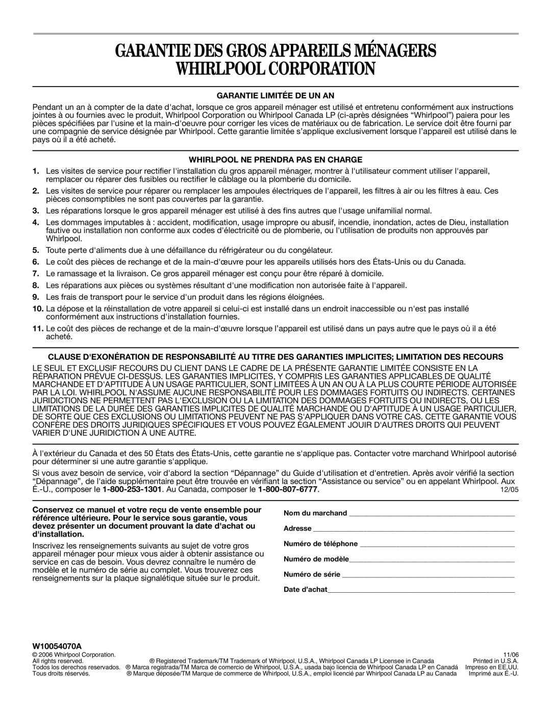 Whirlpool W10054070A manual Garantie DES Gros Appareils Ménagers Whirlpool Corporation 