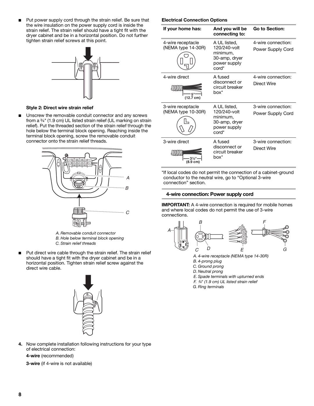 Whirlpool W10054070A manual Wire connection Power supply cord, Style 2 Direct wire strain relief 