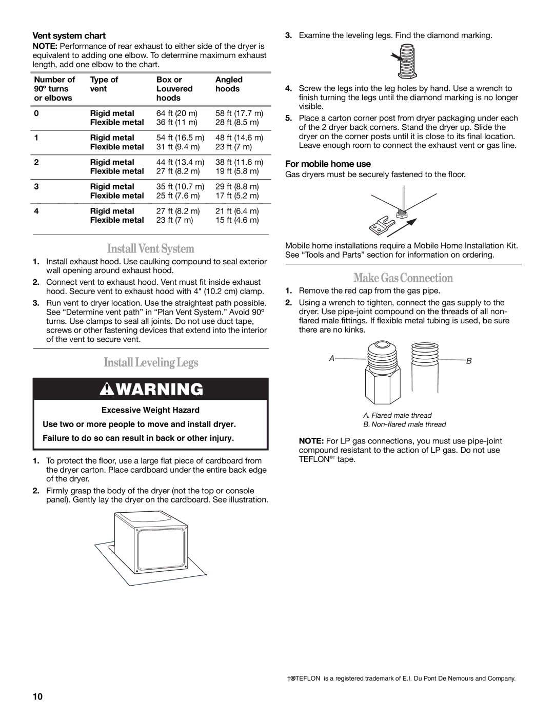 Whirlpool W10054080A Install VentSystem, Install LevelingLegs, MakeGasConnection, Vent system chart, For mobile home use 