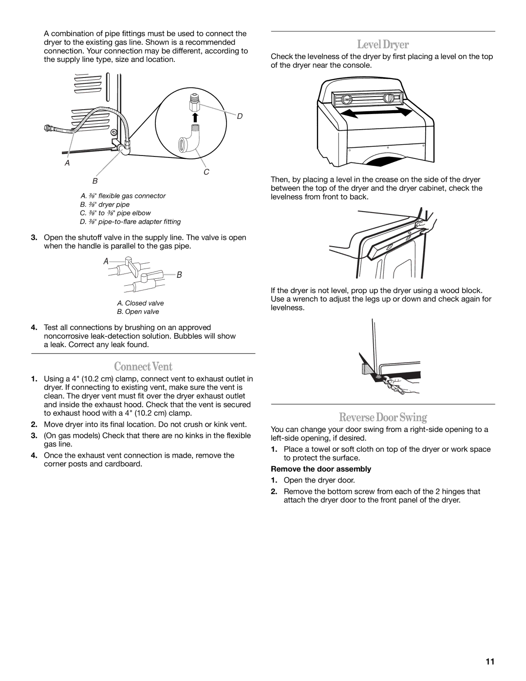 Whirlpool W10054080A manual LevelDryer, ConnectVent, ReverseDoorSwing, Remove the door assembly 