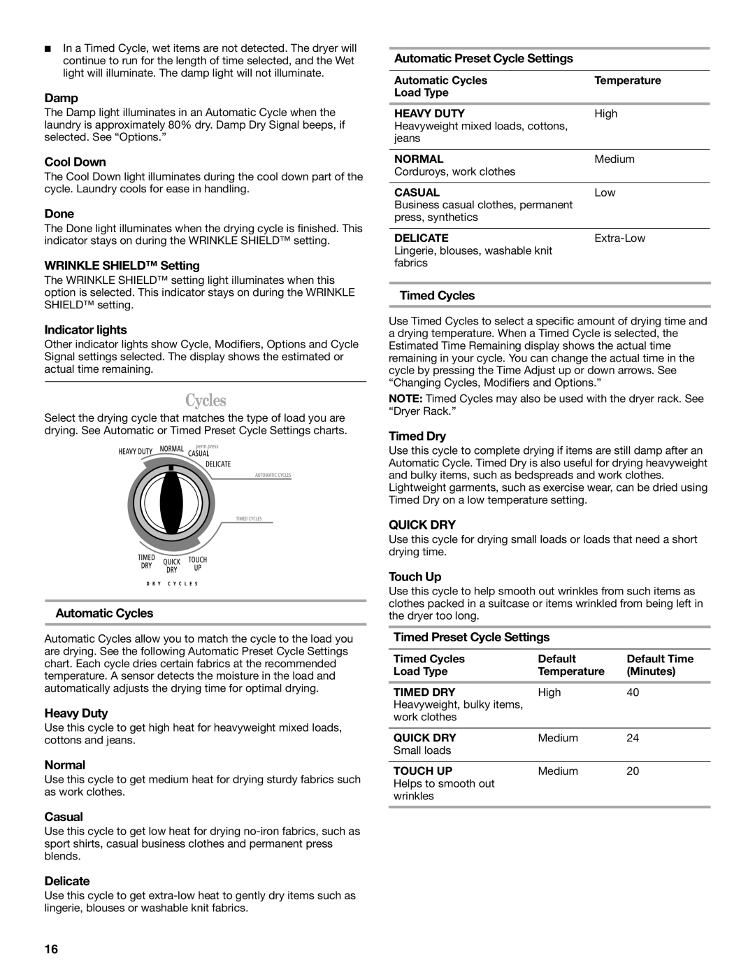 Whirlpool W10054080A manual Cycles 