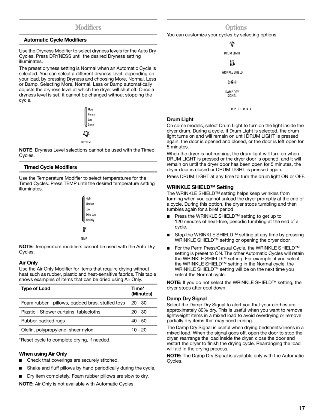 Whirlpool W10054080A manual Modifiers Options 