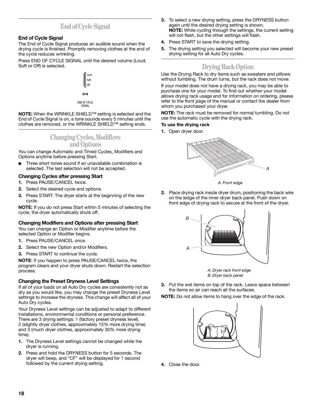 Whirlpool W10054080A manual EndofCycleSignal, ChangingCycles,Modifiers AndOptions, DryingRackOption 