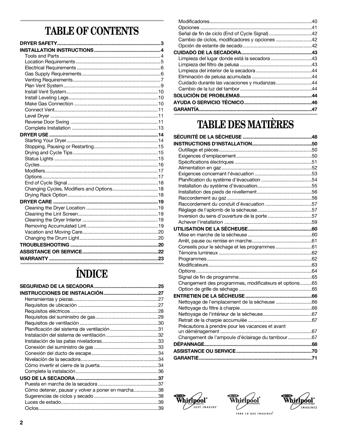 Whirlpool W10054080A manual Índice, Table of Contents 