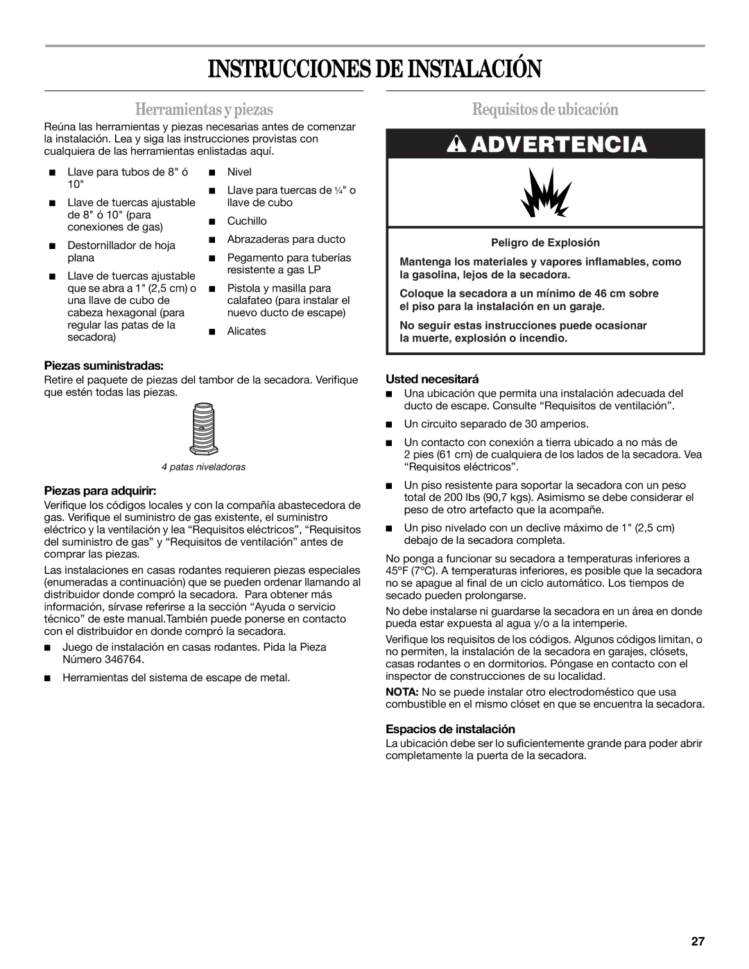 Whirlpool W10054080A manual Instrucciones DE Instalación, Herramientasypiezas, Requisitos deubicación 