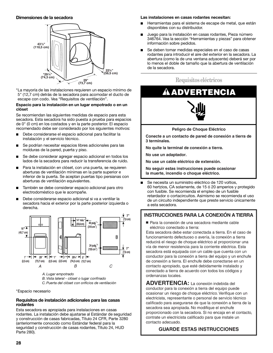 Whirlpool W10054080A manual Requisitoseléctricos, Dimensiones de la secadora, Espacio necesario 