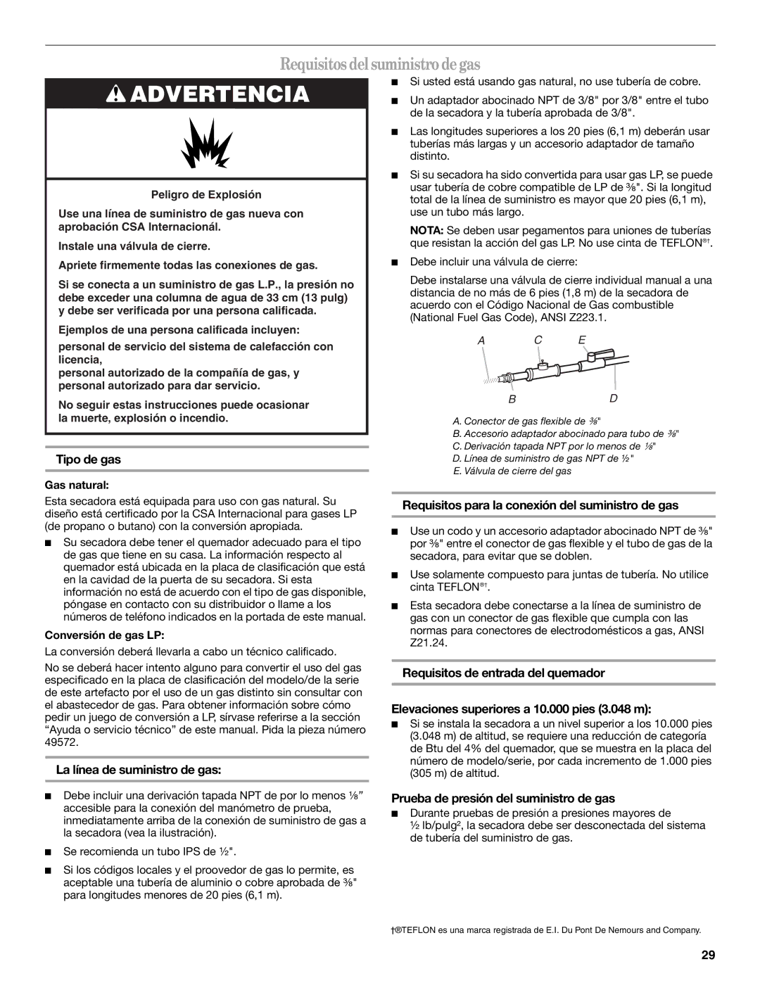 Whirlpool W10054080A manual Requisitos del suministrodegas, Tipo de gas, La línea de suministro de gas 