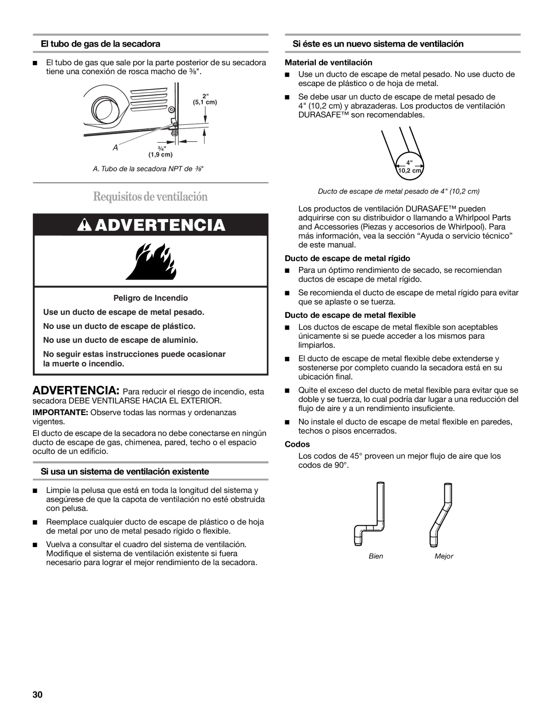 Whirlpool W10054080A Requisitosdeventilación, El tubo de gas de la secadora, Si usa un sistema de ventilación existente 