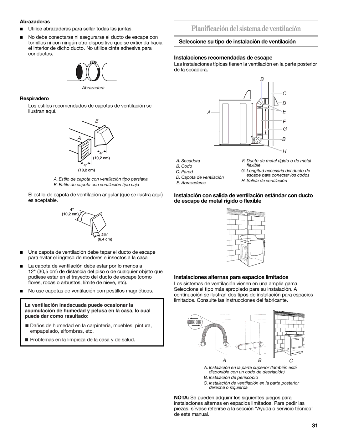 Whirlpool W10054080A manual Planificacióndelsistemadeventilación, Abrazaderas, Respiradero 