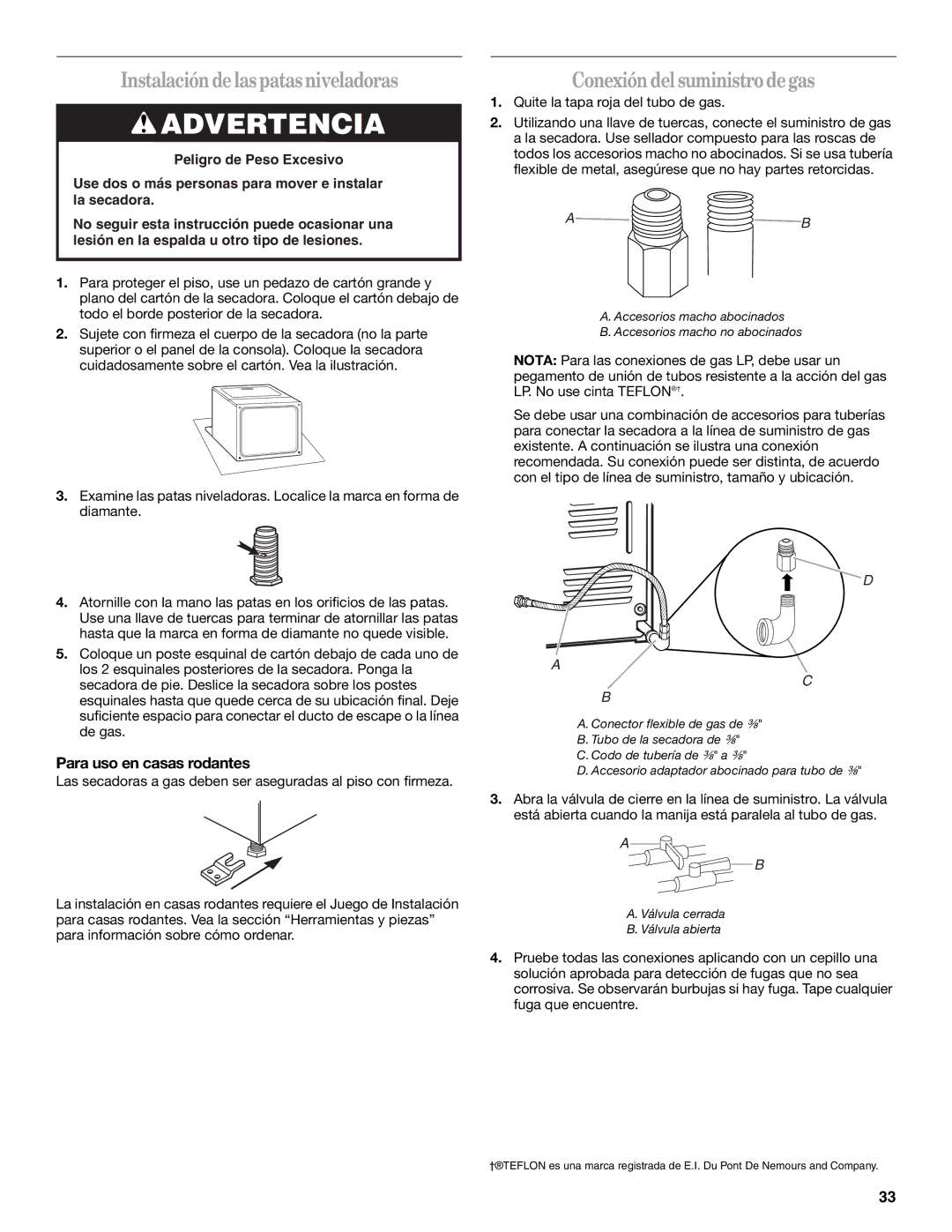 Whirlpool W10054080A manual Instalacióndelaspatasniveladoras, Conexióndel suministrodegas, Para uso en casas rodantes 