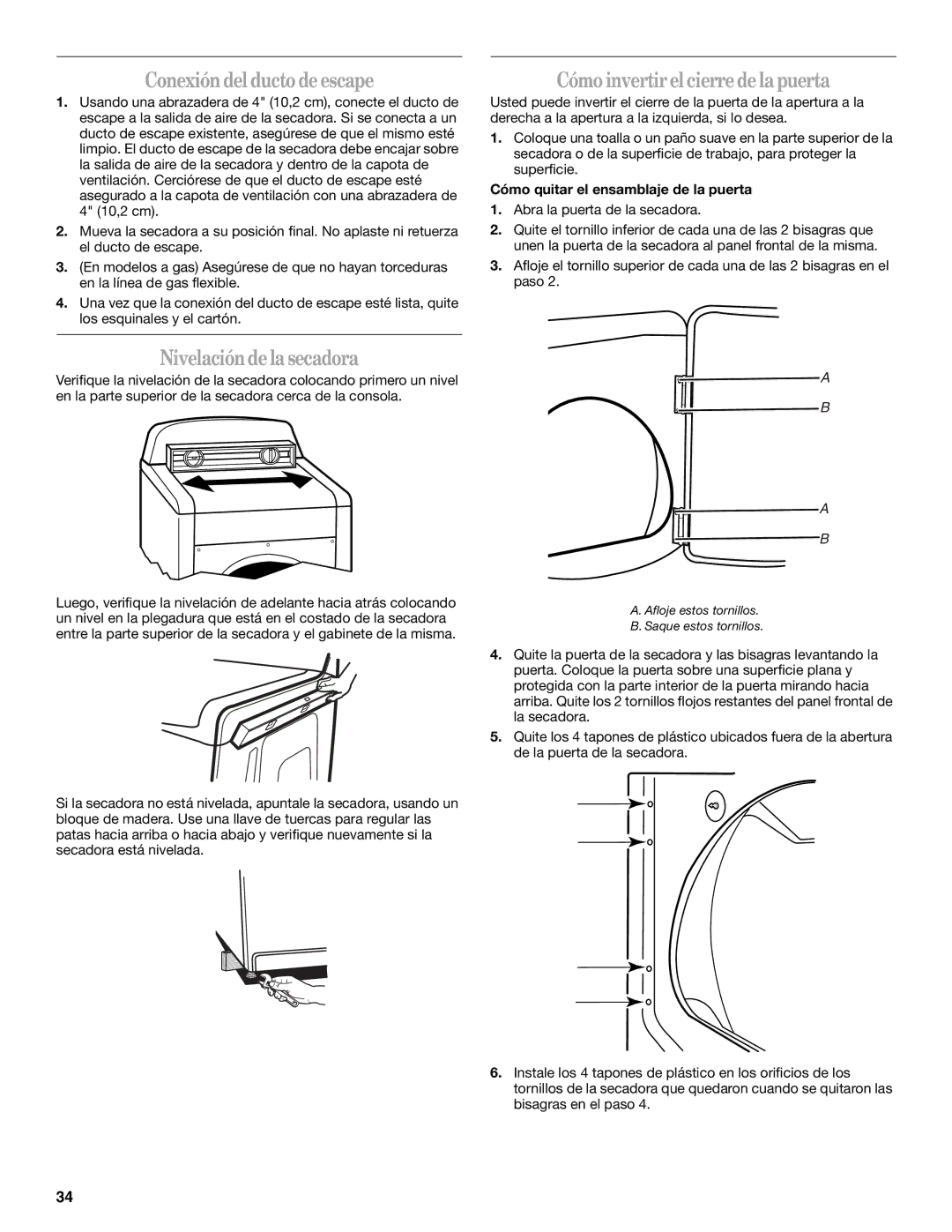 Whirlpool W10054080A manual Conexióndel ducto deescape, Nivelacióndelasecadora, Cómoinvertirelcierredela puerta 