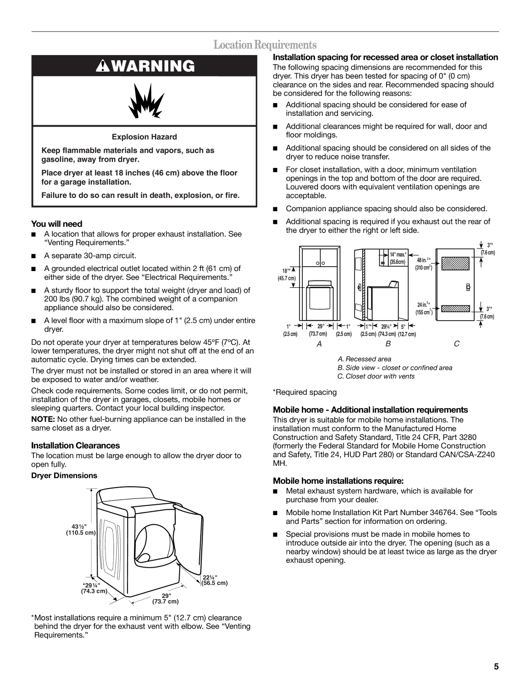 Whirlpool W10054080A manual LocationRequirements, You will need, Installation Clearances, Mobile home installations require 