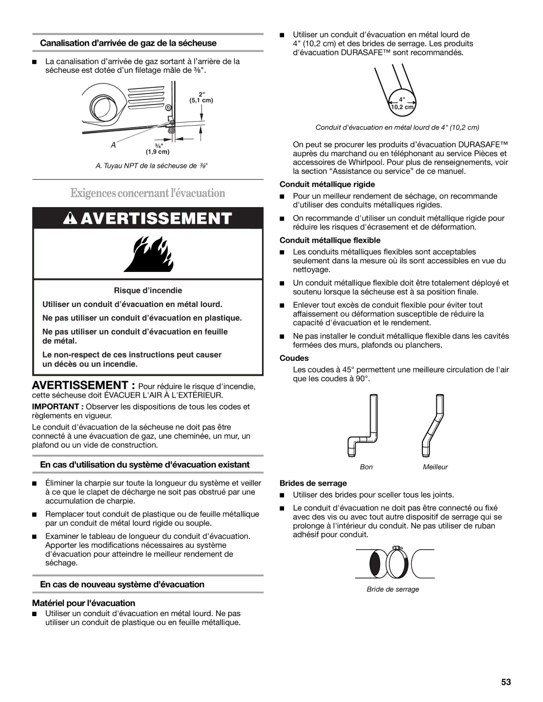 Whirlpool W10054080A manual Exigencesconcernantlévacuation, Canalisation d’arrivée de gaz de la sécheuse 