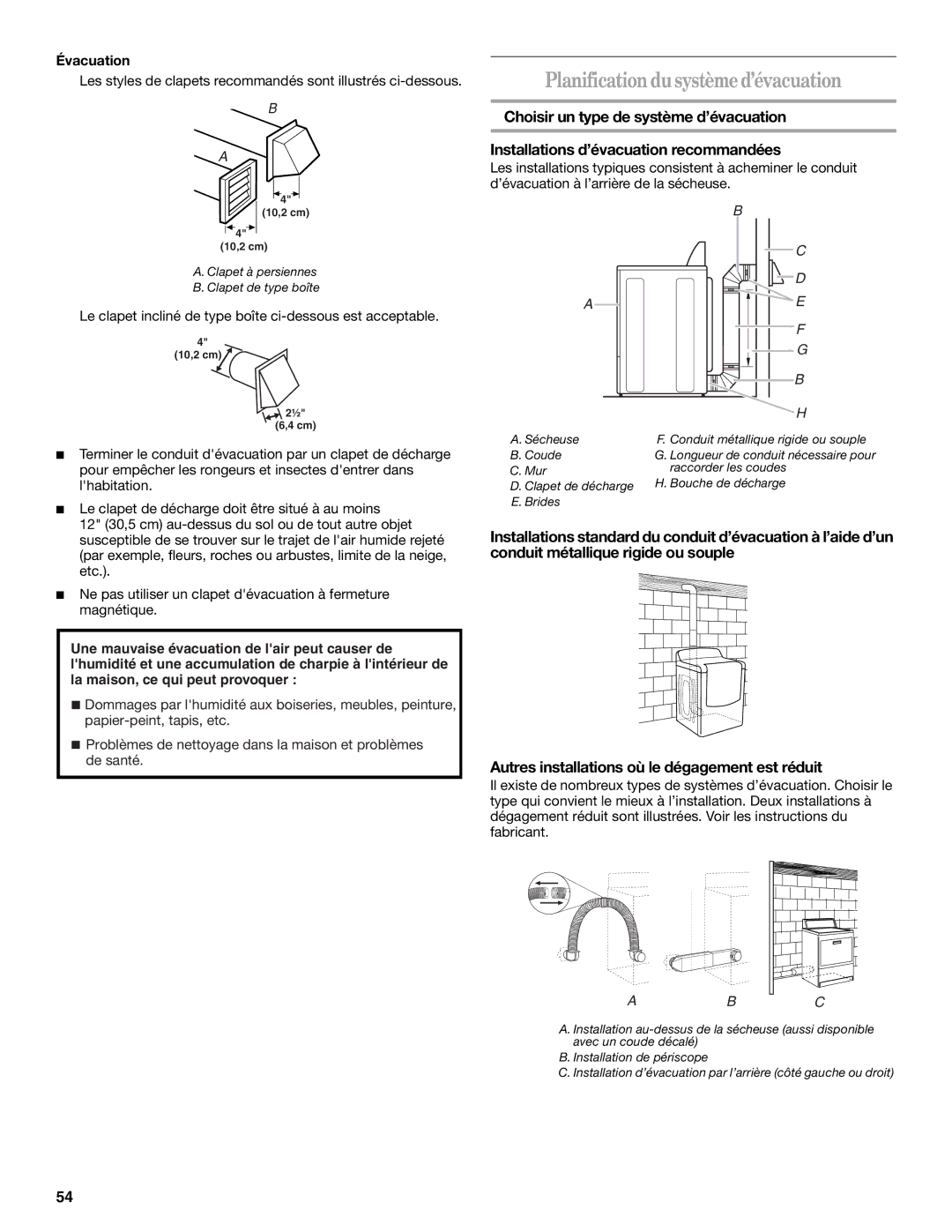 Whirlpool W10054080A manual Planificationdusystèmed’évacuation, Évacuation 