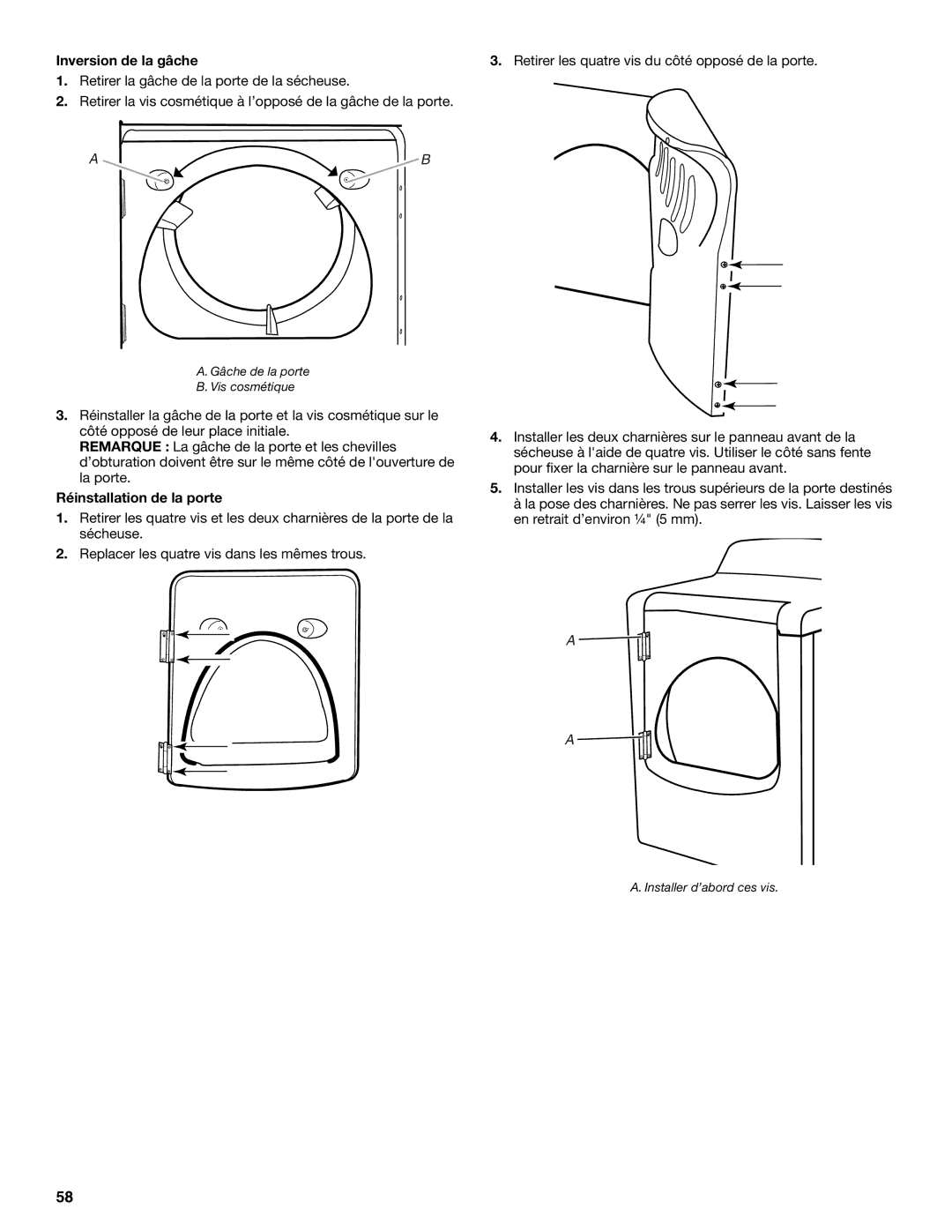 Whirlpool W10054080A manual Réinstallation de la porte, Installer d’abord ces vis 