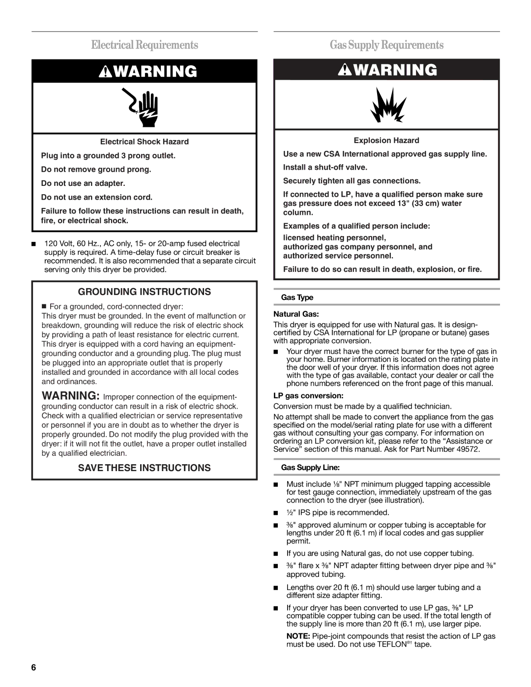 Whirlpool W10054080A manual Electrical Requirements, Gas SupplyRequirements, LP gas conversion, Gas Supply Line 