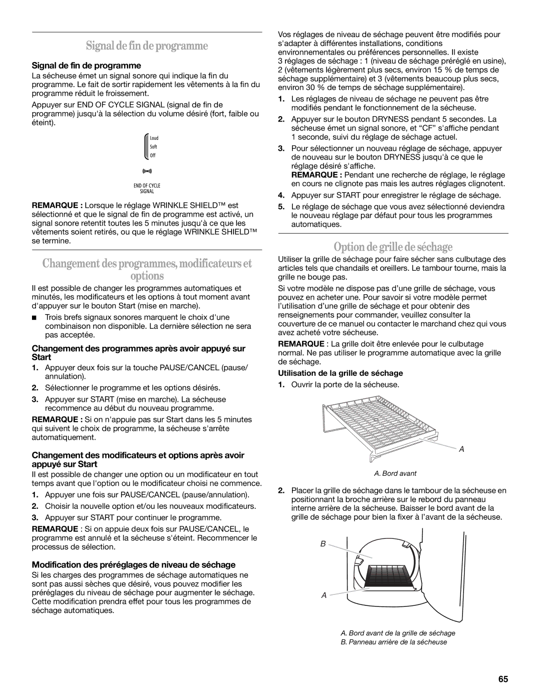 Whirlpool W10054080A manual Signaldefindeprogramme, Optiondegrilledeséchage, Signal de fin de programme 