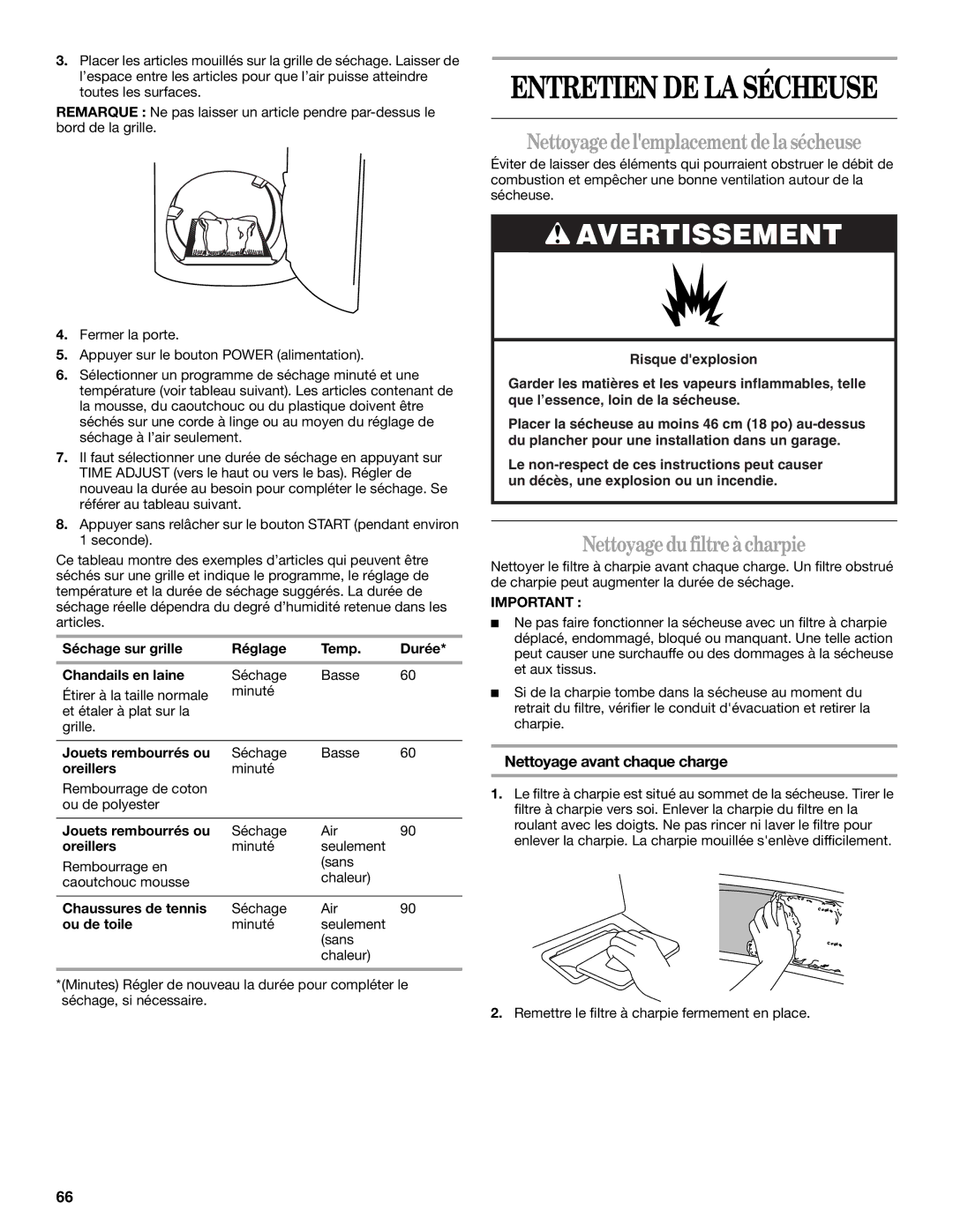 Whirlpool W10054080A manual Nettoyagedelemplacementdelasécheuse, Nettoyagedufiltreàcharpie, Nettoyage avant chaque charge 