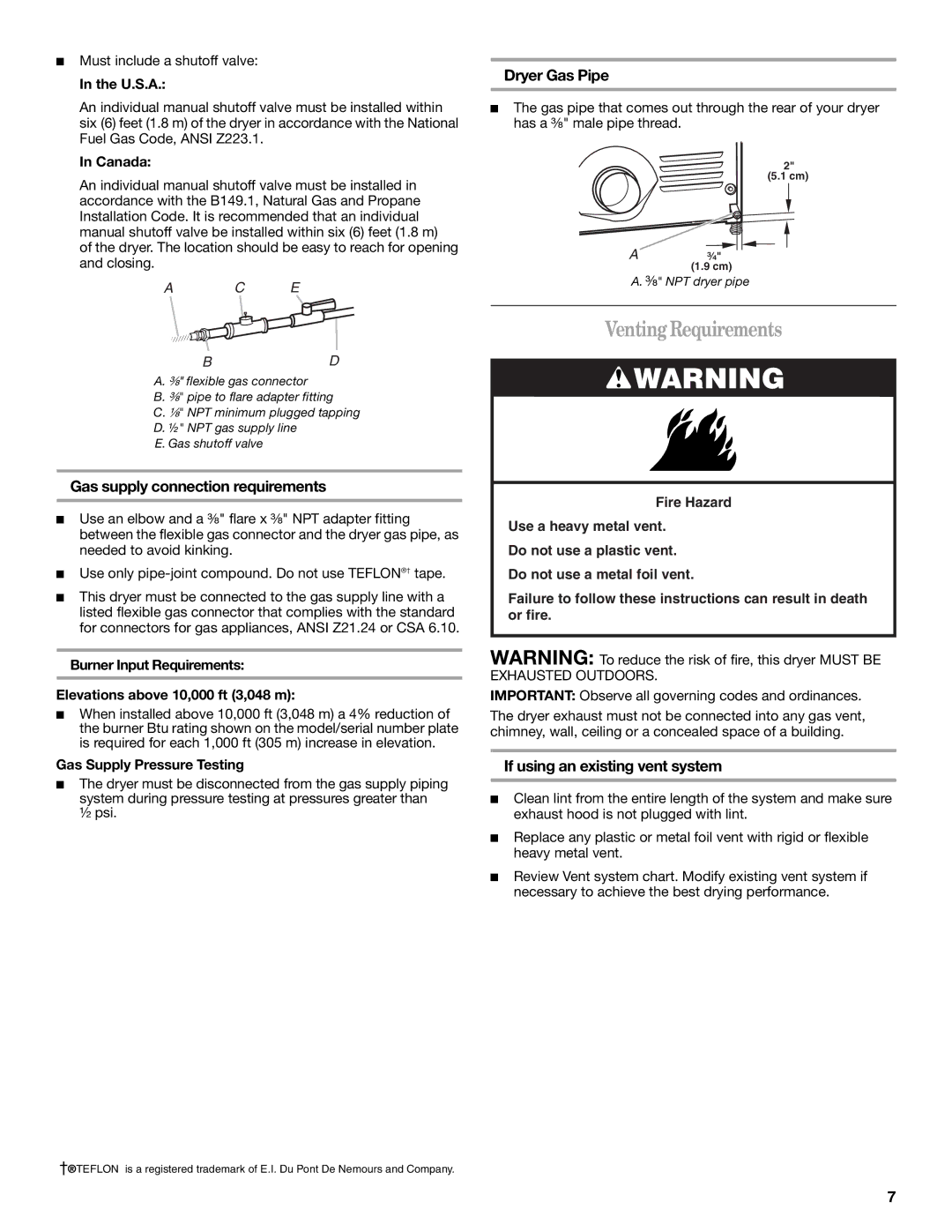 Whirlpool W10054080A manual VentingRequirements, Dryer Gas Pipe, Gas supply connection requirements 