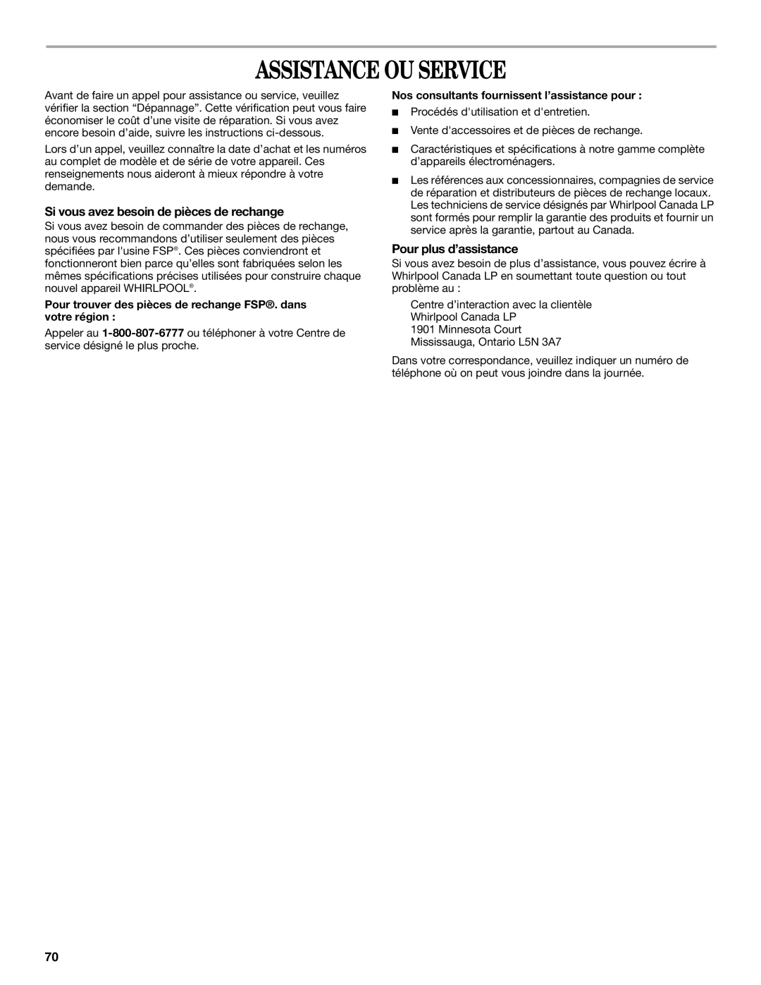 Whirlpool W10054080A manual Assistance OU Service, Si vous avez besoin de pièces de rechange, Pour plus d’assistance 