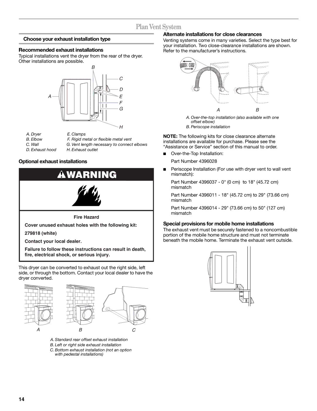 Whirlpool W10057250 manual Plan Vent System, Optional exhaust installations, Alternate installations for close clearances 