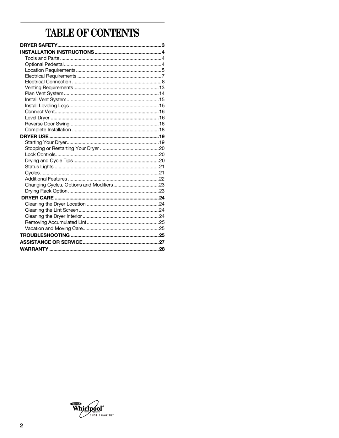 Whirlpool W10057250 manual Table of Contents 