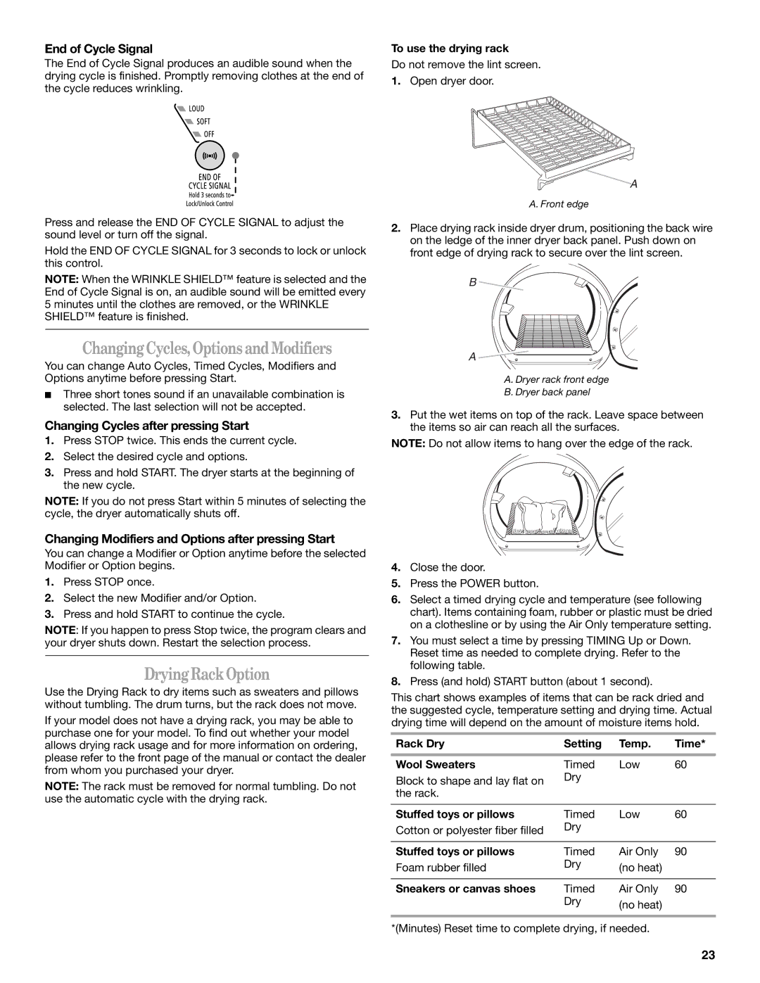 Whirlpool W10057250 manual Changing Cycles, Options and Modifiers, Drying Rack Option, End of Cycle Signal 