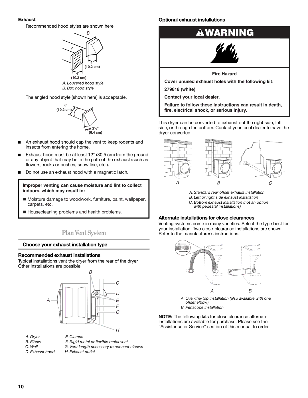 Whirlpool W10057260 Plan VentSystem, Optional exhaust installations, Alternate installations for close clearances, Exhaust 